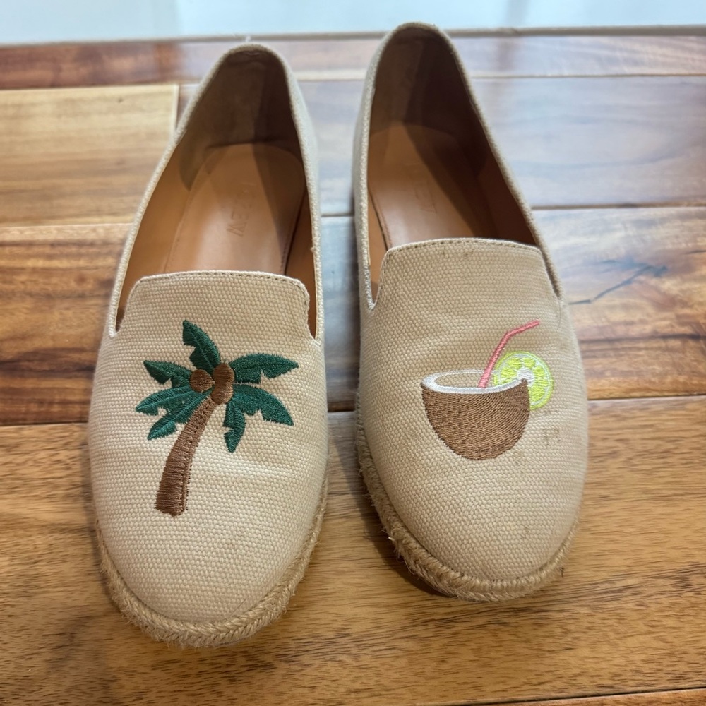 J. Crew Factory Tan Espadrilles with Palm Tree and Coconut Embroidery